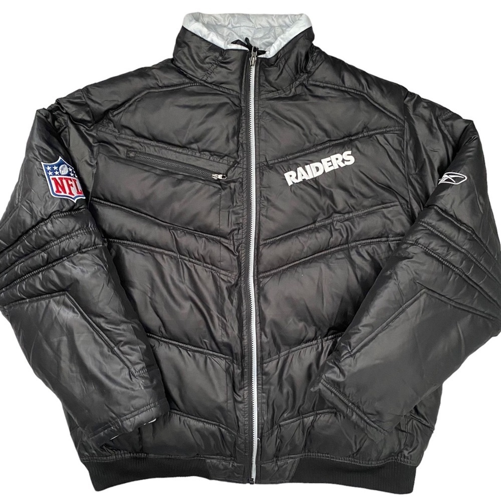 NFL RAIDERS VINTAGE ONFIELD REEBOK Puffer Black Full Zip Logo Jacket in Large